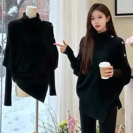 絶対欲しい ボタン ニット ハイネック 長袖 シンプル ニットセーター