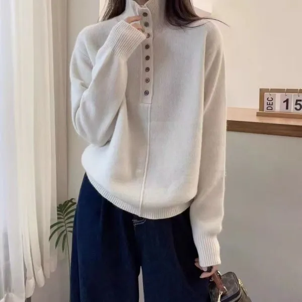 人気上昇中 ハイネック ショート丈 ボタン 長袖 無地 フェミニン ニット セーター