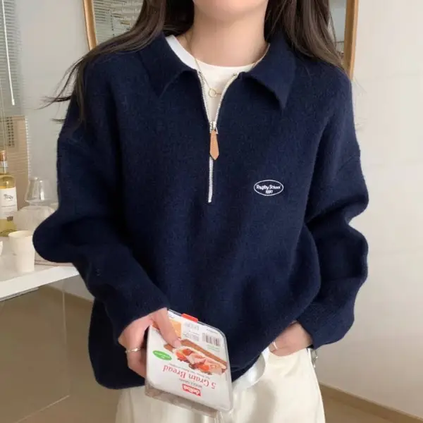 「奇跡の再販」 刺繍 折り襟 ファスナー 長袖 無地 カジュアル ニットセーター