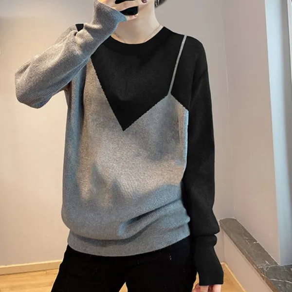 お買い得！ 長袖 ラウンドネック 切り替え 配色 ぴったりしたサイズ感 シンプル ニットセーター