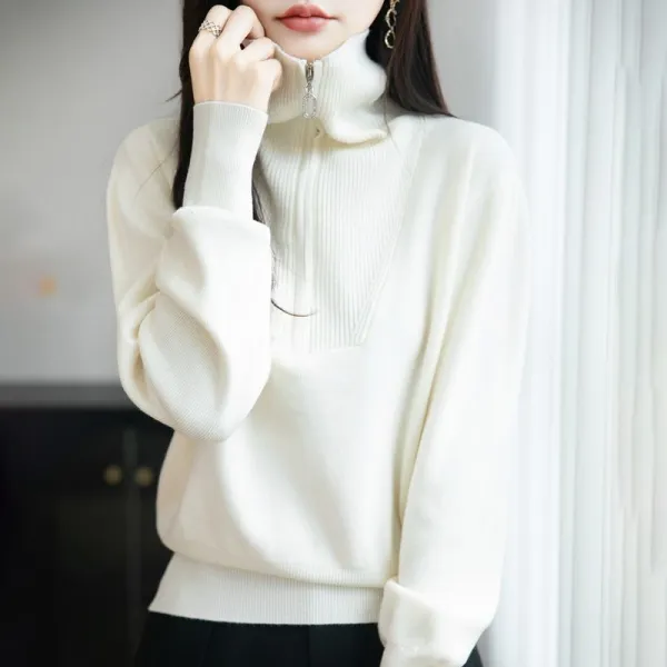 コーデの主役に！ 折り襟 長袖 ハーフ ジップ 無地 ファスナー カジュアル ニットセーター