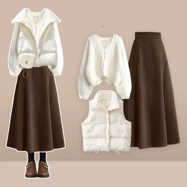【単品注文】無地 Vネック 長袖 シンプル トップス+パンツなし Aライン スカート+アウター 3点セットアップ
