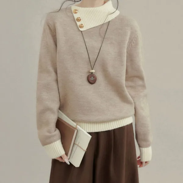 好評発売中 長袖 ハーフネック ボタン 切り替え 配色 ファッション ニットセーター
