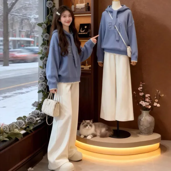 目を奪われる 長袖 プルオーバー トップス レギュラーウエスト パンツ 2点セット