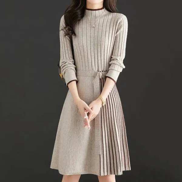 上品なシルエット  無地 エレガント 切り替え スタンドネック すね丈ニットワンピース
