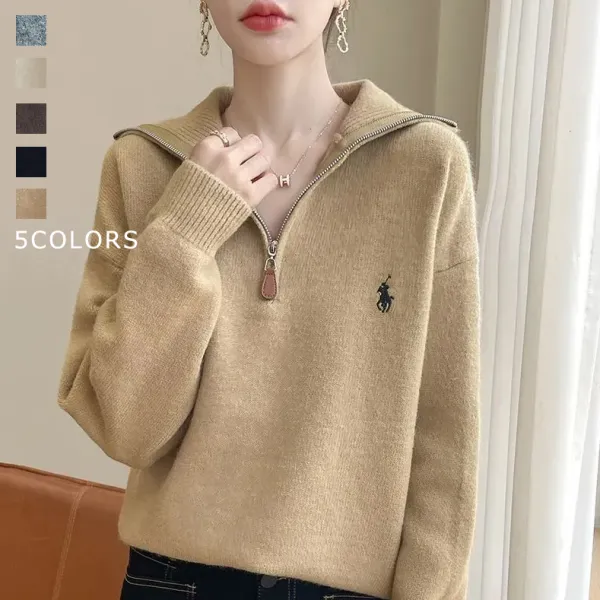 【全5色】ニットセーターハーフ ジップ刺繍長袖無地 | ファッション感満々
