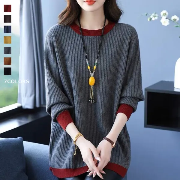 【全7色】ニットセーター長袖プルオーバーラウンドネック配色切り替え | 売り切れ必至