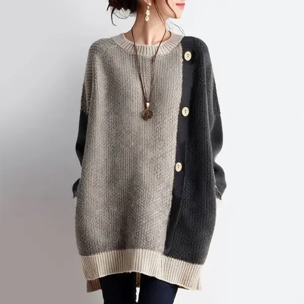 ニットセーター切り替えラウンドネック配色ボタン長袖｜絶対欲しい