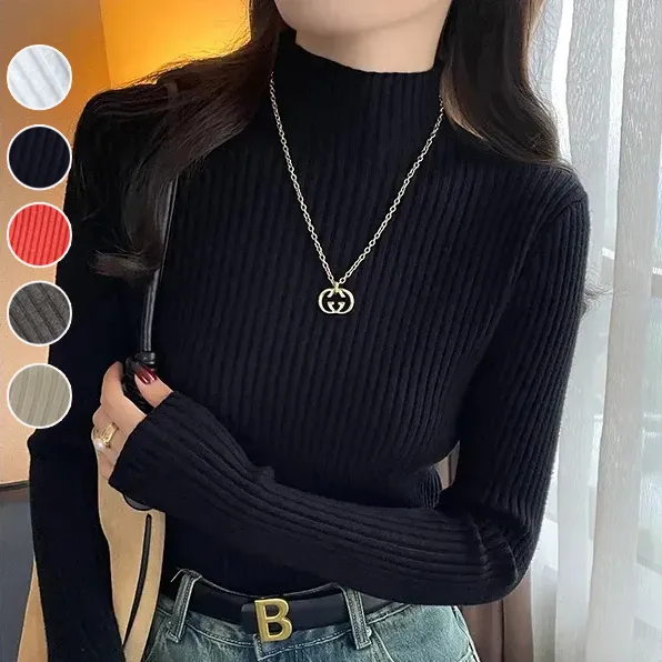 【全5色】ニットセーター伸縮性あり無地ハーフネック｜着痩せ防寒