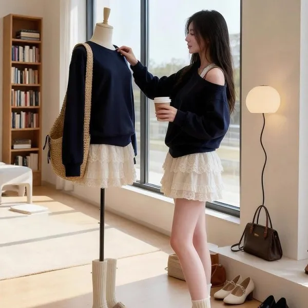 【単品注文】驚くほど美しいネイビーブルーのオフショルダー長袖スウェットシャツと万能なレースチュールスカート トップス+スカートセットアップ