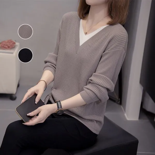 【全2色】ニットセーターレイヤード / 重ね着風Vネック長袖｜通勤着痩せ