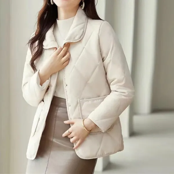 無地  シルク  アウター  ダウンジャケット  コットン  ミニ丈  折り襟  薄  ダイヤ柄  レディース