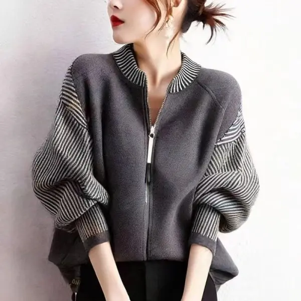 ファスナー  切り替え  ストライプ柄  アウター  スタンドネック  日本風  人気商品
