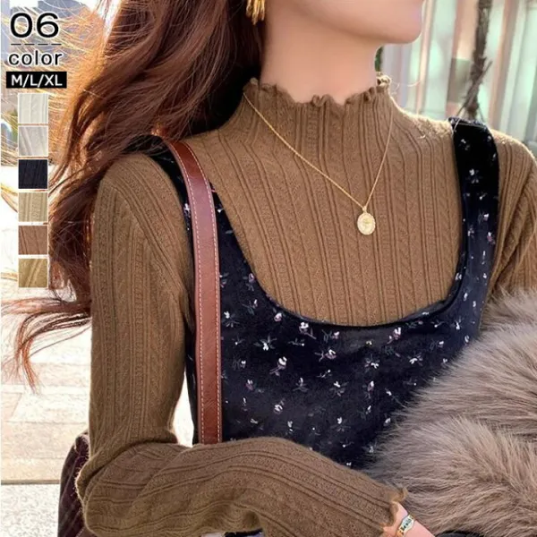 ニット セーター レディース 無地 リブ編み フリル袖 襟 ハイネック インナー