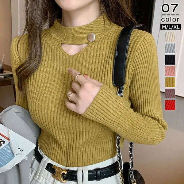 ニット セーター クールネック ハイネック プルオーバー トップス カットソー 長袖Tシャツ インナーセーター インナーニット ストレッチ 伸縮性 トップス 春秋冬 シンプル 無地