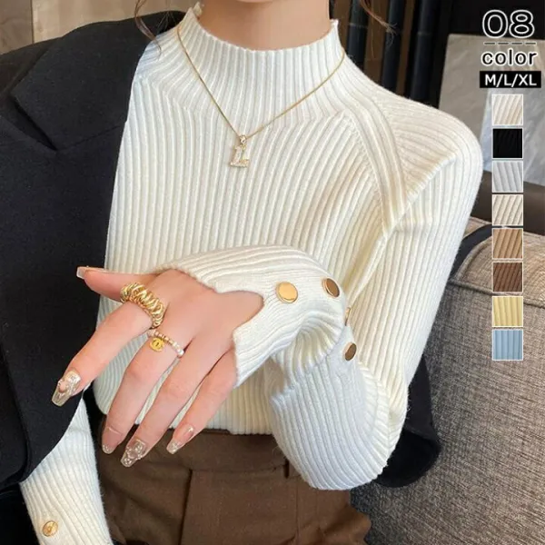 ニット セーター クールネック ハイネック プルオーバー トップス カットソー 長袖Tシャツ インナーセーター インナーニット ストレッチ 伸縮性 トップス 春秋冬 シンプル 無地