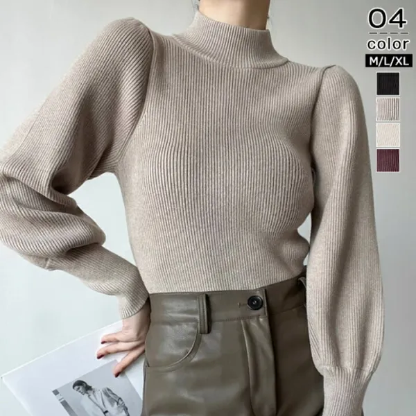 ハイネックニット ニット パフスリーブリブニット ニットトップス プルオーバー 無地 フィット ストレッチ 伸縮性 二の腕カバー