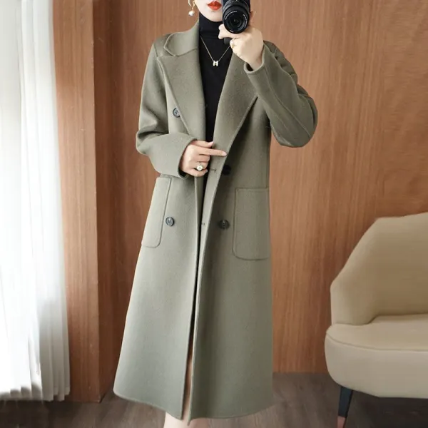 欠かせない無地ダブルブレストラシャ膝下丈コート