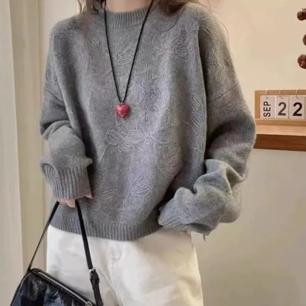 流行の予感プリントラウンドネックショート丈長袖プルオーバー韓国系ニット・セーター