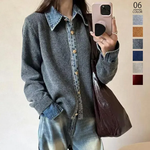 １枚でおしゃれ レイヤード風 デニム ニット カーディガン ドッキング 襟付き カジュアル 重ね着風 キレイめ 大人カジュアル 長袖 レディース おすすめ おしゃれ フリーサイズ