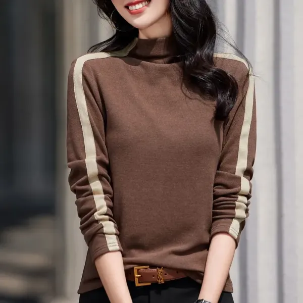 新作10%OFF好評発売中伸縮性ありハーフネック長袖切り替えストライプ柄通勤/OL長袖トップスTシャツ