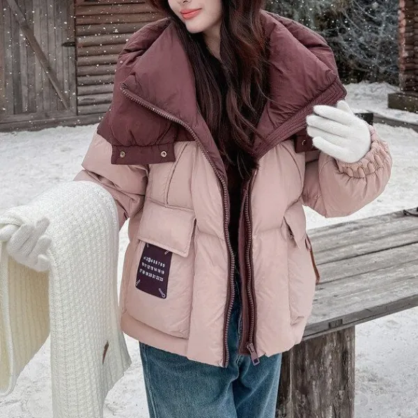 切り替え  アウター  ダウンジャケット  コットン  ゆったり  ミニ丈  フード付き  冬  韓国風  新作  流行  レディース  バイカラー