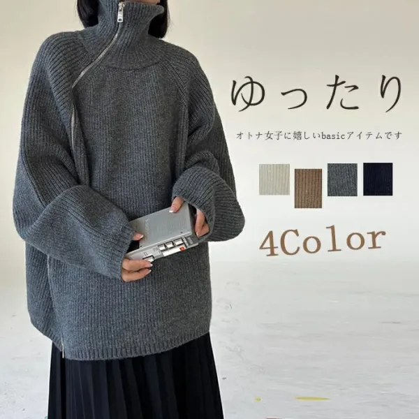 ファスナー  ニット  ニット / セーター  ニットトップス  ホワイト  ゆったり  タートルネック  冬  デザイン  レイジー風  流行  秋冬シーズン  デザイン性  ニッチ  レディース