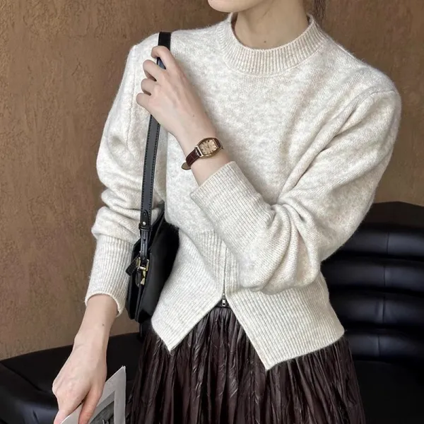 ファスナー  ニット  セーター  ニット / セーター  ニットトップス  スリムに見える  クルーネック  プルオーバー  韓国風  デザイン  デザイン性  レディース