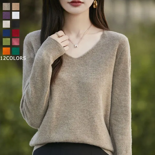 【全12色】ニット長袖 Vネック無地プルオーバー防寒 | 女性に大人気