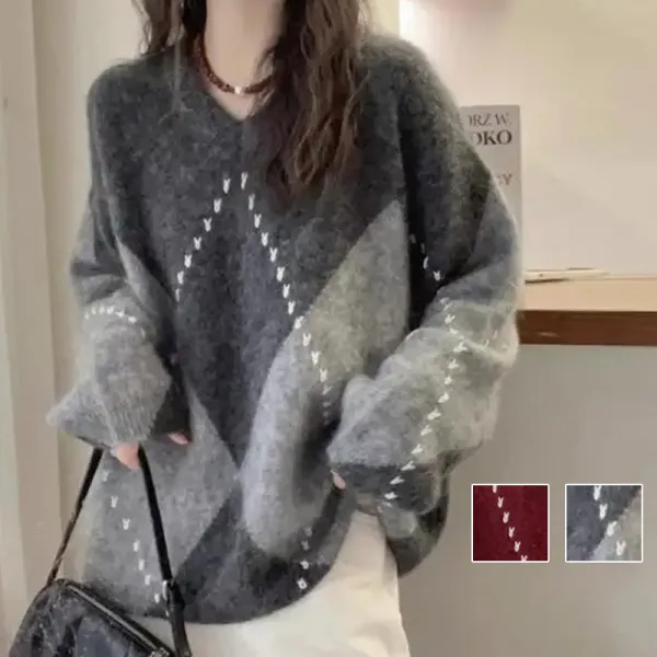 【全2色】 ニットセーターチェック柄配色ランドネック|目を引くデザイン