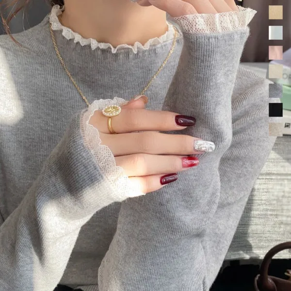 【全7色】ニットセーターハーフネックレース長袖無地 | インスタで超人気