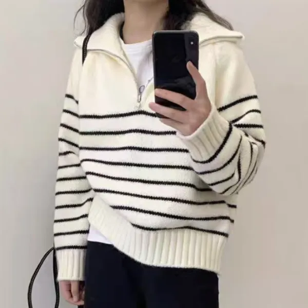 【全3色】ニットセーター長袖 POLOネックボーダーハーフジップ  | 大人可愛い韓国系