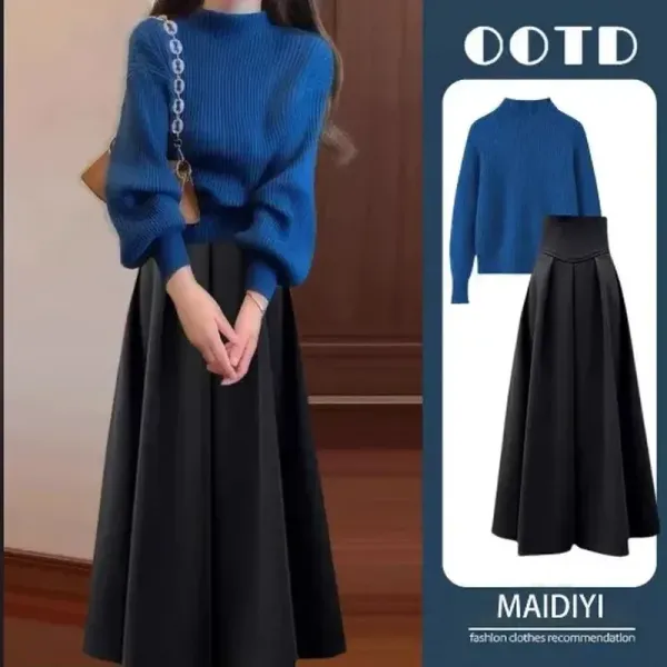 単品可2点セット｜ハーフネック無地長袖パフスリーブニットセーター+スカート｜ゆったり通勤防寒