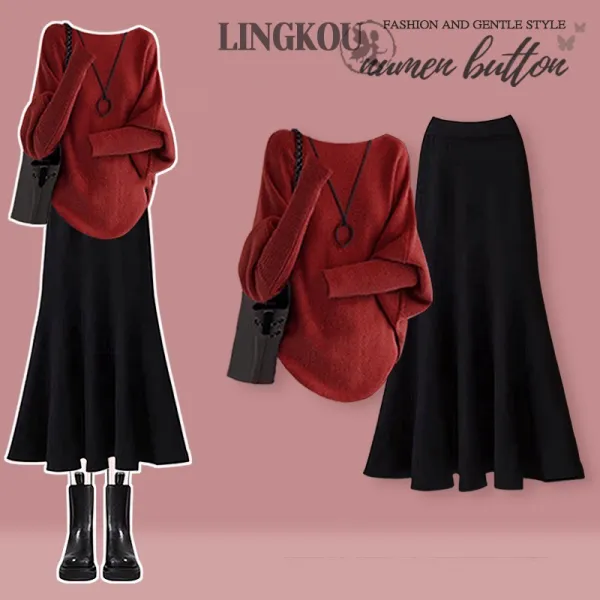 単品可2点セット｜無地ドルマンスリーブニットセーター＋マーメイドスカート｜ゆったり通勤防寒