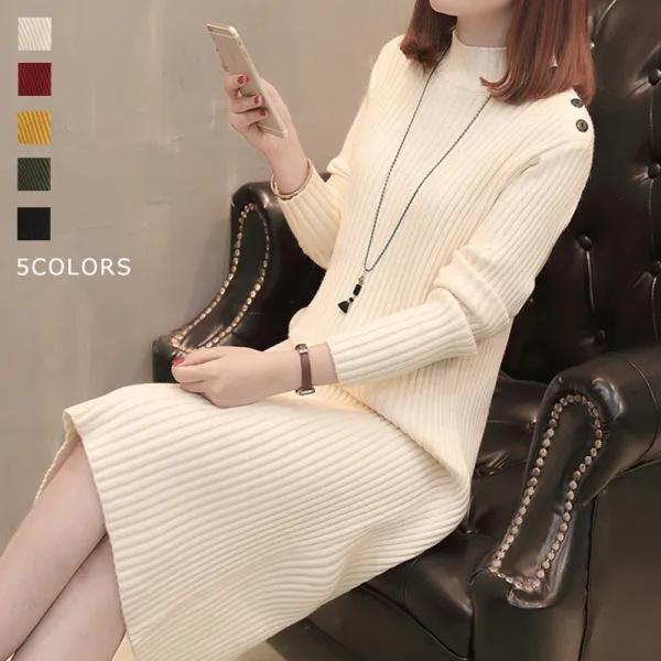 【全5色】ニットワンピース無地長袖中長ボタン | 今季注目