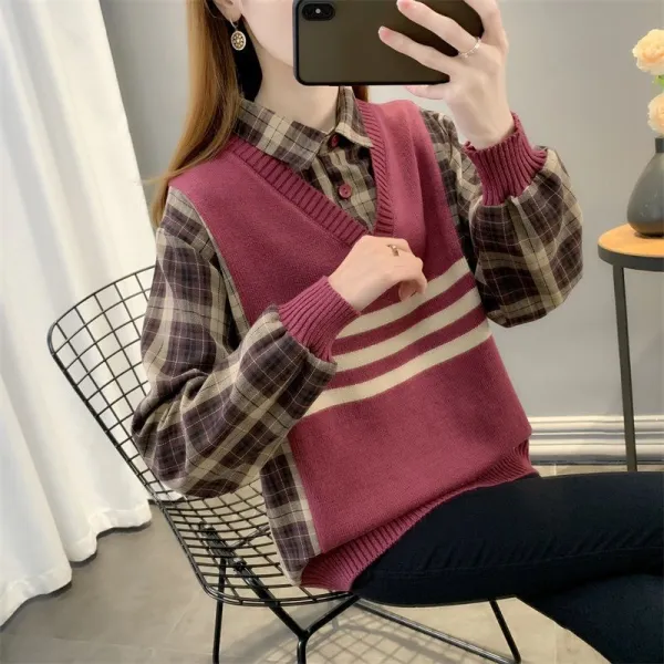 シャツ  ストライプ柄  ニット  ニット / セーター  ニットトップス  薄  フェイクレイヤード  新作  おしゃれ / ファッション  レディース  洗練された