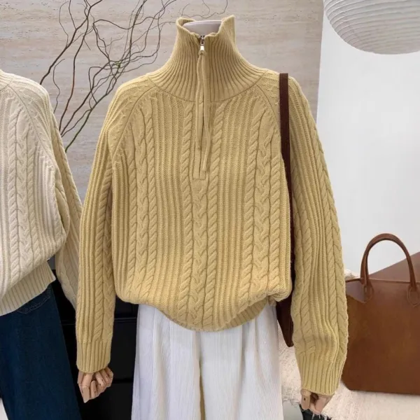 ファスナー  ベージュ  ニット / セーター  タートルネック  デザイン  レイジー風  ツイスト模様  新作  レトロ  韓国風  デザイン性  レディース
