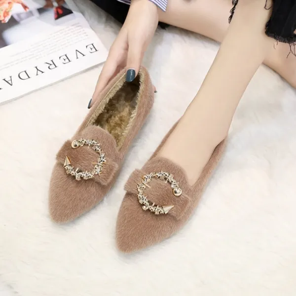 新作10%OFF毎週新商品を更新！ファッション無地暖かいしなやかラインストーンフラットヒールシューズパンプス