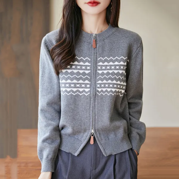 新商品＆再入荷 ファスナー ラウンドネック 幾何模様 長袖 切り替え カジュアル カーディガン