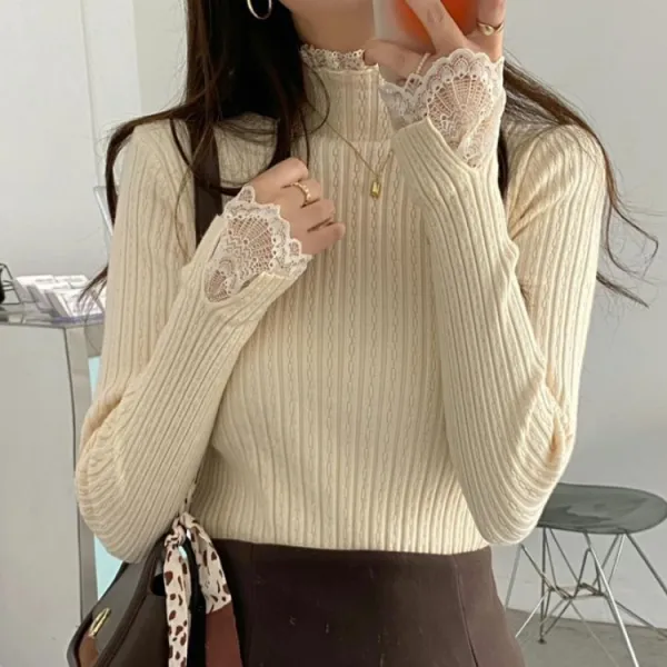 人気を獲得♡ レース 無地 長袖 切り替え ハーフネック カジュアル ニットセーター