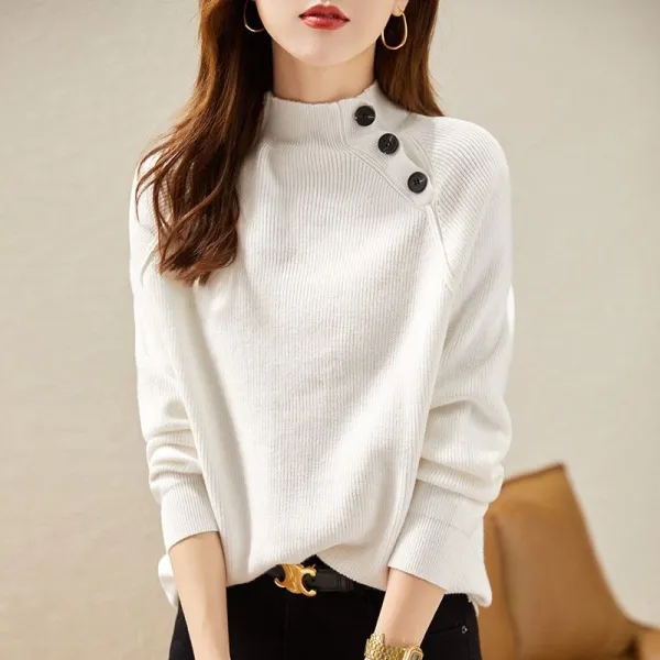 【全3色】ニットセーター無地ボタン長袖切り替えラグランスリーブ｜ゆったり