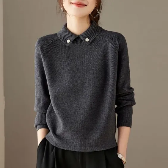 【全3色】ニットセーター無地長袖折り襟プルオーバー|売れ筋