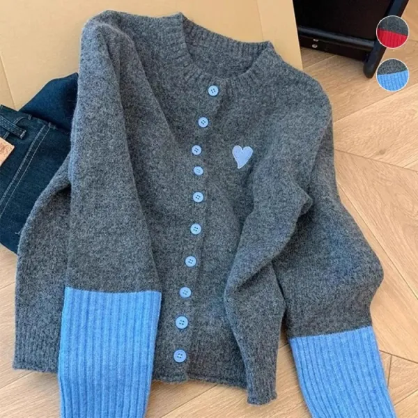 【2025秋冬新着！】グレー ブルー レッド ハート パッチ カーディガン セーター レディース トップス ニット ボタン フロント カラー ラグラン 袖 カジュアル 可愛い コーデ 20代 30代 40代 50代 秋冬 秋服 冬服 オーバーサイズ ゆったり フィット セール 限定 人気