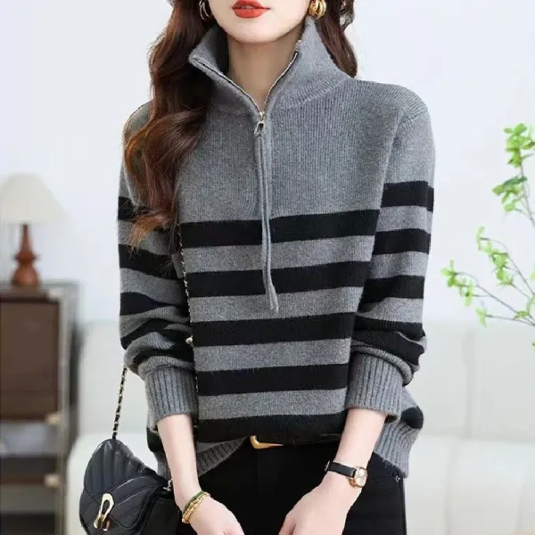 インスタで超人気 折り襟 ファスナー 長袖 ボーダー ハーフ ジップ ファッション ニットセーター