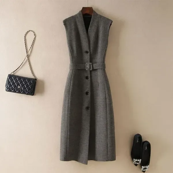 【全2色】ワンピースノースリーブ無地Aラインボタンベルト付き｜通勤着痩せ