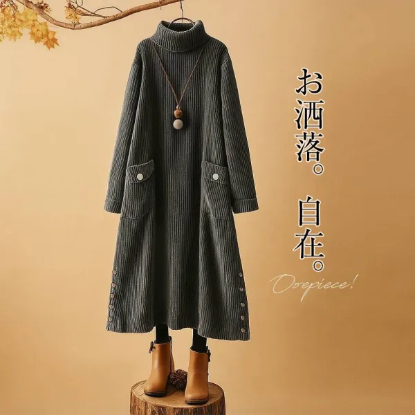 カジュアルワンピースAライン長袖ポケット付き無地ボタン｜気質アップ