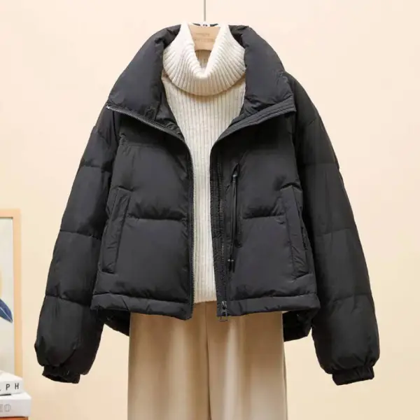 【全2色】中綿コート無地スタンドネックショート丈長袖｜ゆったり防寒