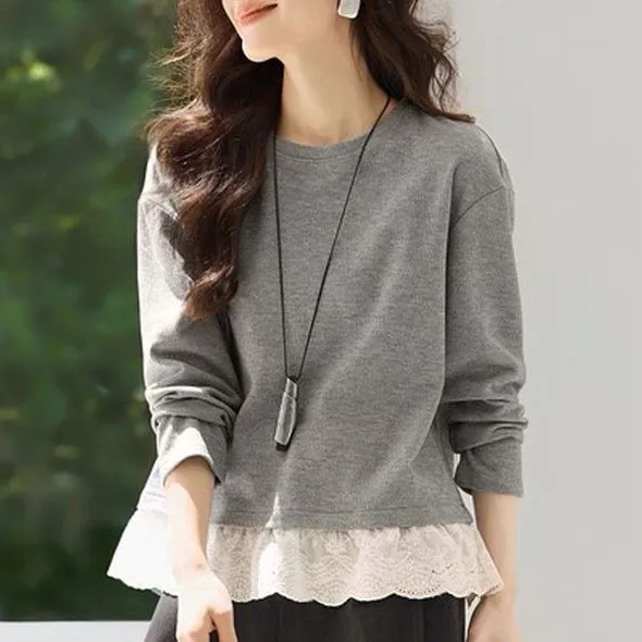 Ｔシャツラウンドネック無地レース長袖 | 着痩せ効果