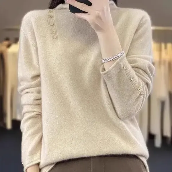 「今 着たい」 無地 長袖 中長 ボタン オフタートルネック ファッション ニットセーター