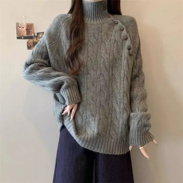 【全3色】セーターハイネックボタン長袖無地ニット｜着痩せ防寒